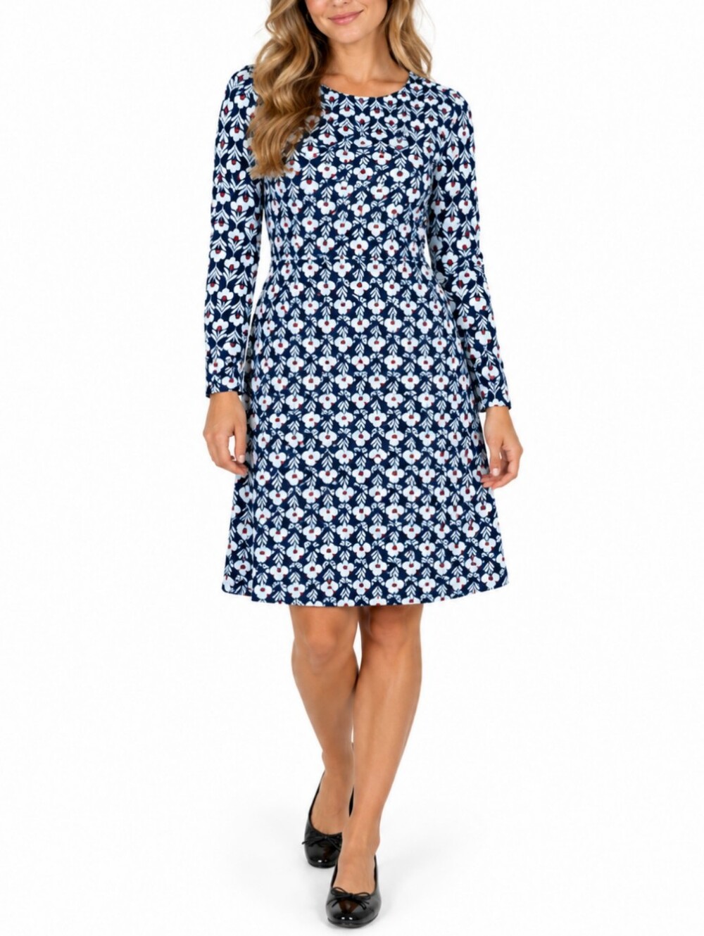 Boden Abigail Jersey Dress Size 14 Navy Mod Floral Geometric Knit A-Line Pockets